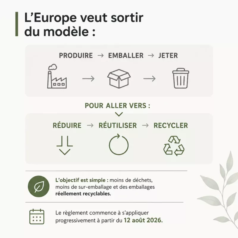 Schéma changement du cycle des emballages PPWR 2026 prévu en Europe + date mise en application